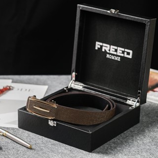 【FREED】方形金色扣商務休閒頭層牛皮自動皮帶 - 咖啡色 生日禮物 男友禮物 客製化刻字