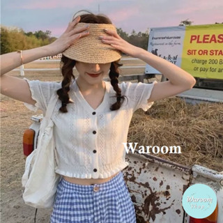 Waroom|現貨 S97 針織開扣短款上衣|辣妹bm風|針織開衫|短版上衣|木耳邊|洞洞|罩衫|短袖針織上衣|短袖上衣