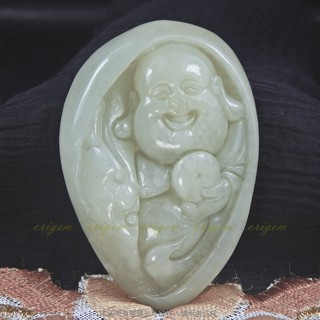 珍珠林~招福納財喜彌勒佛玉珮~緬甸A貨新疆和闐玉#326