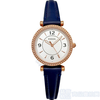 FOSSIL ES5295手錶 閃耀 玫瑰金 銀白麵 海軍藍皮帶 女錶【澄緻精品】