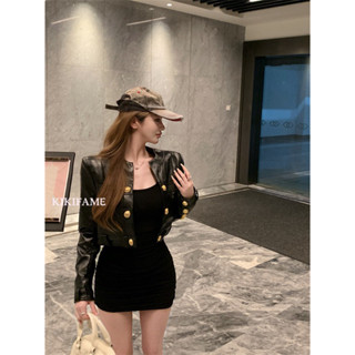 KIKIFAME🖤INS韓系高階小香風金扣皮外套 黑色吊帶裙 皮衣 短版皮外套 黑色皮外套 圓領外套 小香風外套 連身裙