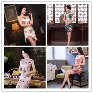 小天堂:數碼花卉絲綢旗袍 短款性感開叉連身裙 少淑女改良旗袍 連衣裙 短袖晚宴包臀裙 修身顯瘦宴會禮服 手工旗袍