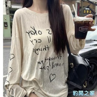 【豹開之家】高品質字母愛心印花防曬T恤女夏季新款長袖薄款寬鬆顯瘦空調罩衫上衣 女裝 衣服 休閒T恤 女生長袖t恤R300
