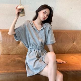 【YoRi】韓版新款連身闊腿短褲 小個子學院風休閒短褲 寬鬆連帽短袖上衣 收腰連身褲套裝 高腰顯瘦百搭短褲 寬短褲