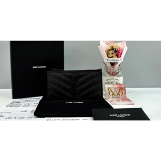 優買二手精品名牌店 YSL 607915 LOGO OCASE 黑釦黑色魚子醬荔枝皮 一字信用卡夾名片夾零錢包卡包錢包