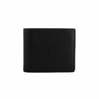COACH-烙印LOGO荔枝紋皮革附抽取名片夾二折短夾(黑)