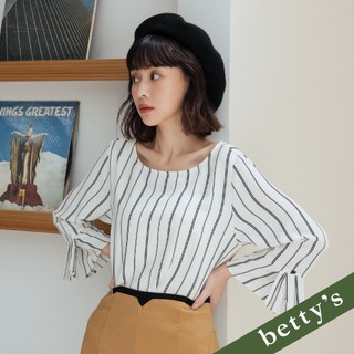 betty’s貝蒂思(35)直條紋袖口開衩壓褶雪紡圓領上衣(白色)