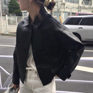 愛依依 機車外套 皮衣 夾克 中大尺碼 M-3XL新款復古帥氣機車簡約寬鬆短款夾克仿皮衣外套3F037-H1039.