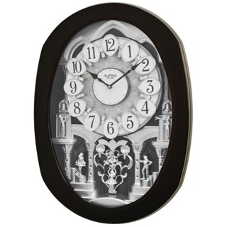 RHYTHM CLOCK 日本麗聲實木深咖啡色烤漆翻轉數字施華洛世奇水晶30首音樂舞臺石英掛鐘 型號：4MH901WU0