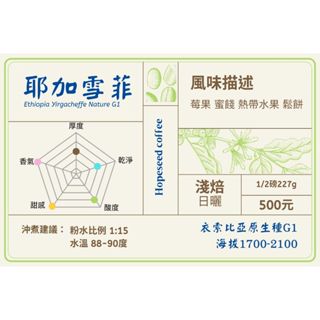 ＜希望種子咖啡＞衣索比亞 耶加雪菲 日曬 G1(耳掛包，淺焙) 自家烘焙 精品咖啡