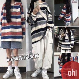 【ohi】條紋圓領上衣 大學T 寬鬆百搭打底衫 閨蜜裝上衣 情侶男女bf風 條紋長袖 女裝 XGTA64