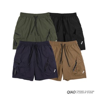 【QIAO】 飛行織帶 工裝短褲 拉鍊造型 多口袋 工作短褲 休閒短褲 素面短褲 男生短褲 美式短褲