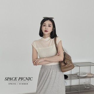 Space Picnic｜拼接網紗微透立領上衣-3色【C24091022】