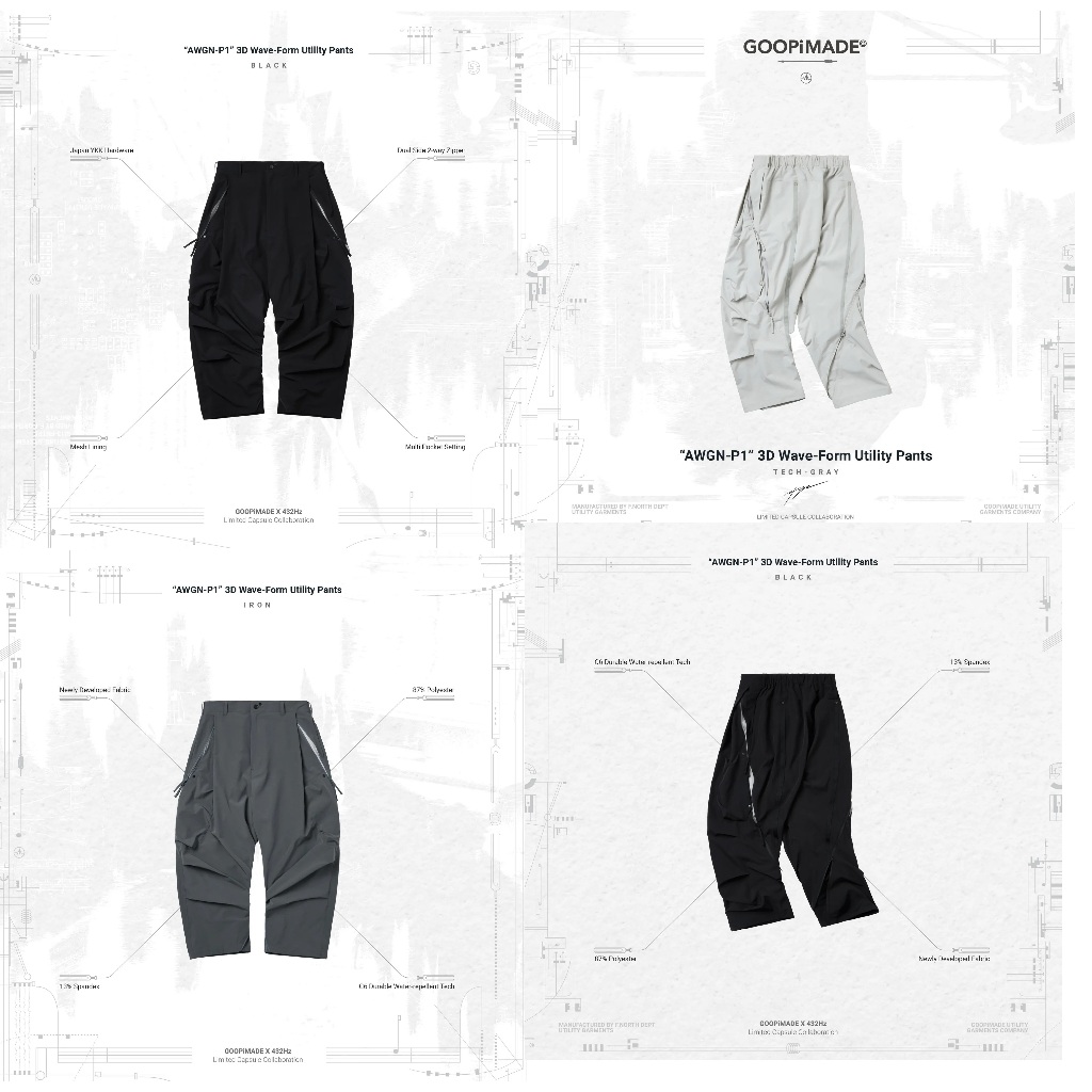 黑1白12灰2 Goopi x 432 “AWGN-P1” 3D Wave-Form Utility Pants