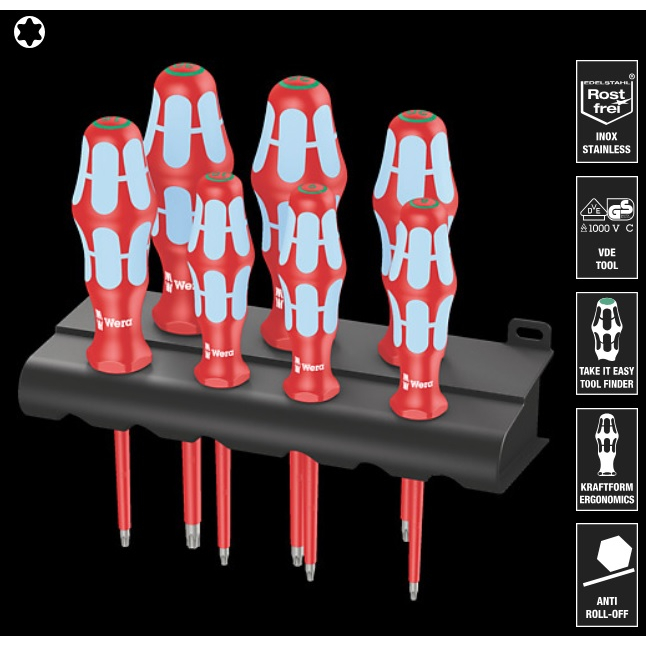 瘋狂買 Wera 維拉 3167i/7 絕緣不銹鋼怪牙星型起子7隻組+展示架 耐1000V 梅花螺絲不鏽鋼螺絲起子 特價