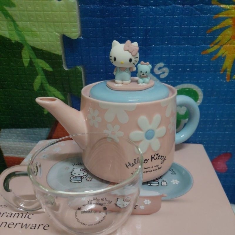 7-11 Hello Kitty 粉紅派對陶瓷立體公仔茶壺350ml玻璃杯附提袋組餐碗三人組限量