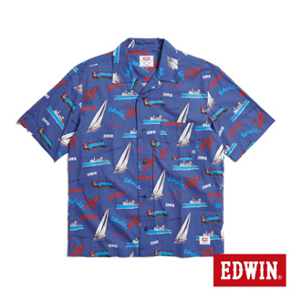 EDWIN 插畫花布古巴短袖襯衫(藍色)-男款