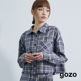 【gozo】格紋抽鬚短版長袖襯衫(灰色_F) | 女裝 顯瘦 百搭