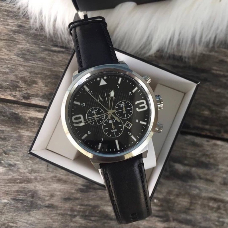 🔥卡拉國內外代購🔥 台灣現貨🇹🇼 Armani Exchange  三眼計時真皮錶帶腕錶  AX1371  銀色夜光指針