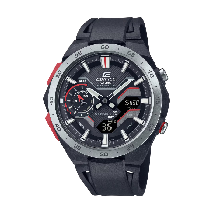 【CASIO EDIFICE】WINDFLOW太陽能藍芽雙顯鋼帶腕錶-撞色款/ECB-2200P-1A/台灣總代理公司貨