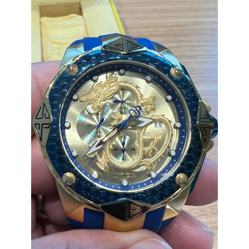 英威塔INVICTA 藍色矽膠錶帶立體龍石英錶