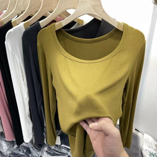 M-3XL 長袖上衣 秋季上衣 內搭衫 新款u型領t恤女純色螺紋打底衫長袖內搭春秋款修身百搭洋氣薄上衣