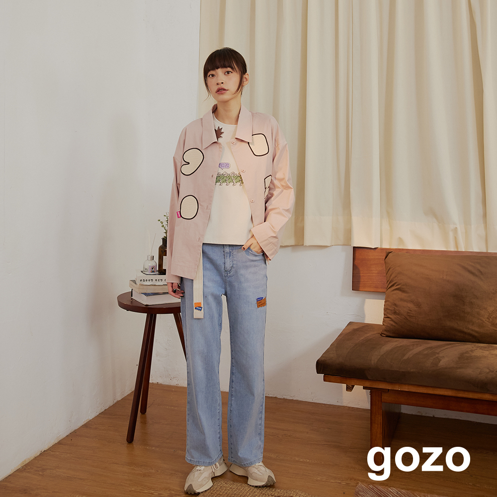 【gozo】gozo毛線織片寬袖襯衫(米黃/粉色_F) | 純棉 修身 百搭