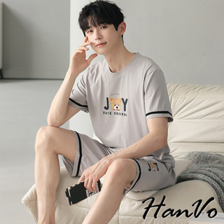 【HanVo】男款字母小熊休閒居家套裝 舒適親膚莫代爾短袖套裝 韓系男裝 男生衣著 B6011