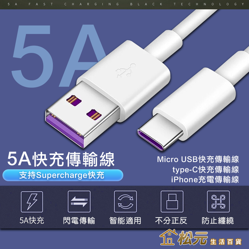5A快充線【松元生活百貨】充電線 快充線 適用安卓 三星 華為 1M iPhone TypeC Micro USB