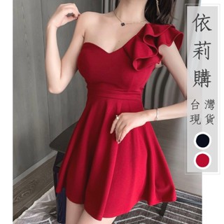 【現貨臺灣，免預購】S-XL 黑 酒紅 女神款 時尚低胸桃心領收腰顯瘦單肩禮服 婚禮洋裝 春酒尾牙 謝師宴洋裝 主持