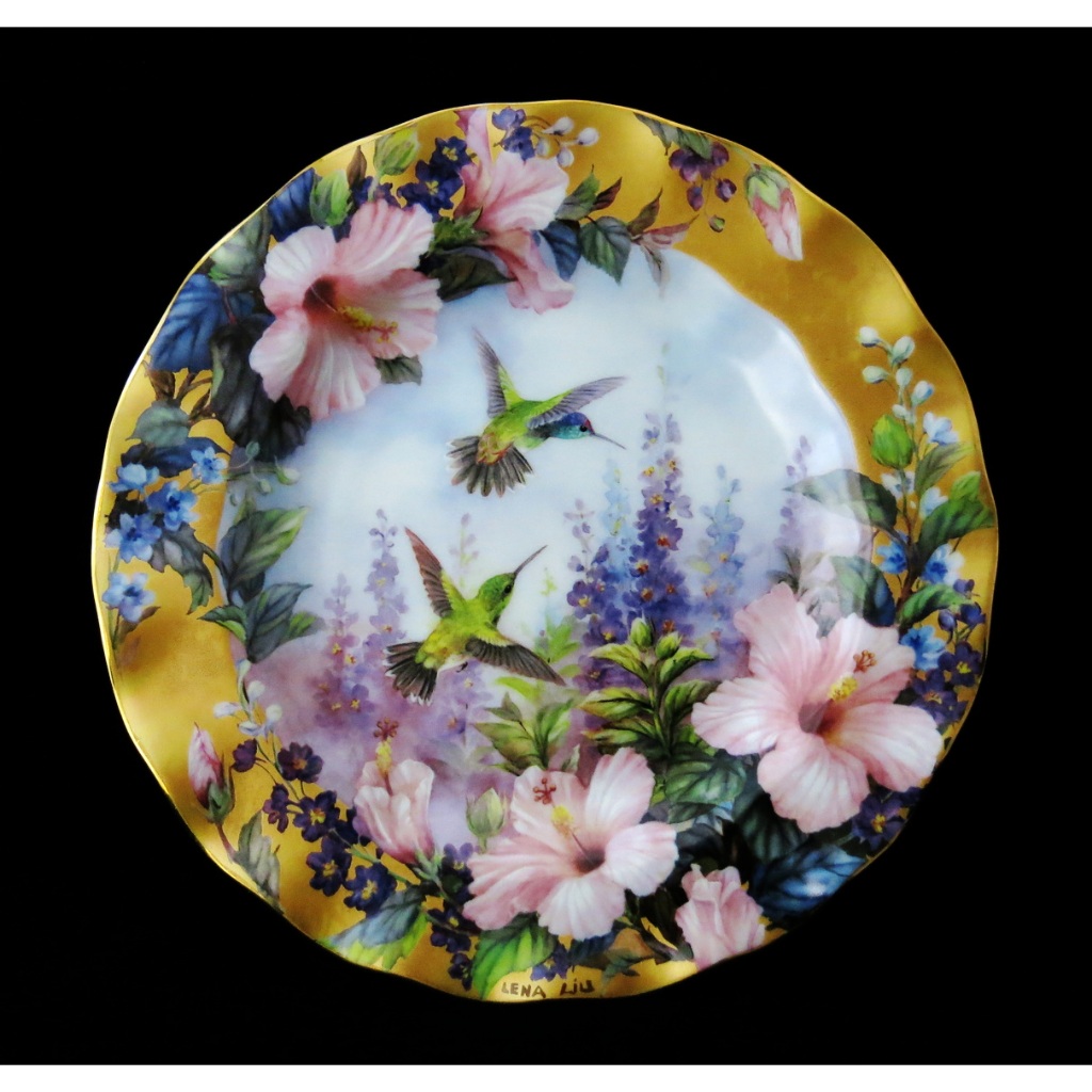 美國W S George 藝術家 Lena Liu 劉莉娜Tiny Tueasures限量花卉蜂鳥重金瓷盤-G