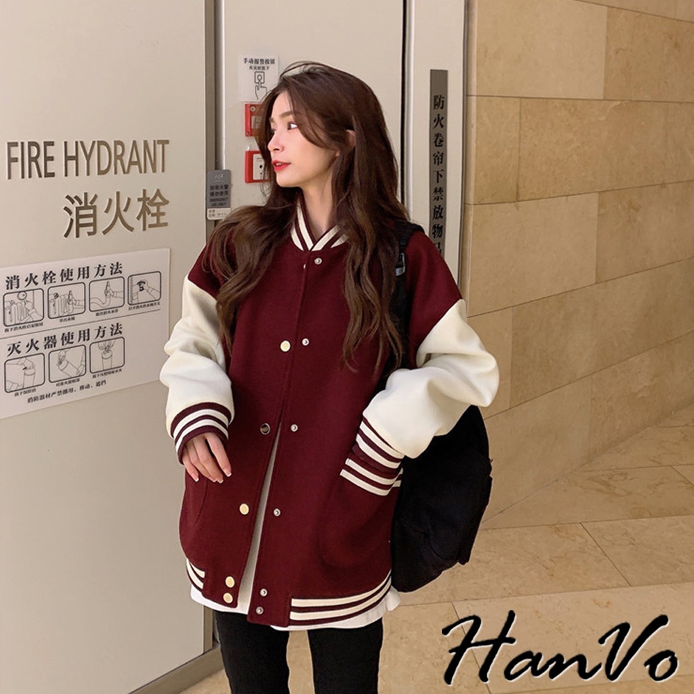 【HanVo】美式加絨加厚休閒棒球外套 學院風百搭夾克外套 韓系女裝 女生衣著 4015