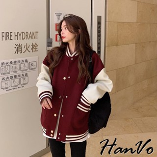 【HanVo】美式加絨加厚休閒棒球外套 學院風百搭夾克外套 韓系女裝 女生衣著 A07-4015