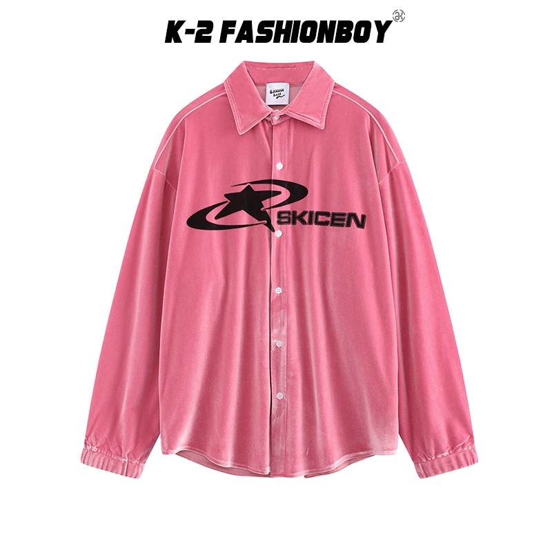 【K-2】天鵝絨 絨毛 翻領 排釦 桃粉色 星星 BKICEN 長袖襯衫 外套 穿搭 質感 天鵝絨毛【D8425】