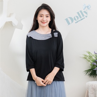 台灣現貨 大尺碼黑白格領片結素衣七分袖上衣(黑色)116-Dolly多莉大碼專賣店