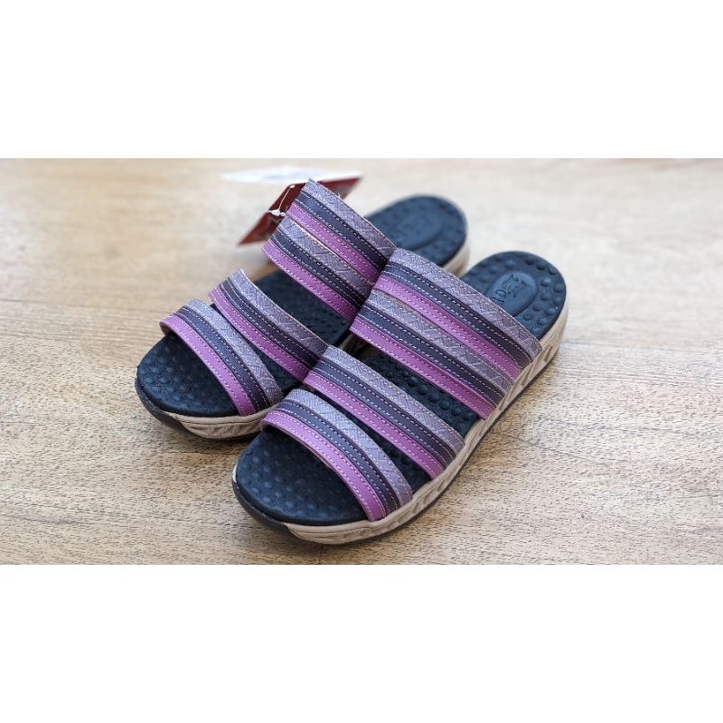 [鸚鵡鞋鋪]路豹Zobr 寬楦多彩拼接風環帶真皮乳膠氣墊拖鞋(紫)(低底