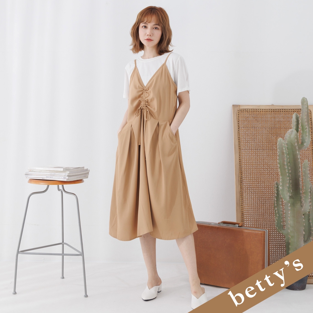 betty’s貝蒂思(25)兩件式細肩帶抽繩打摺洋裝(卡其色)