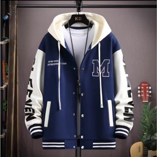 M-8XL 連帽外套 印花上衣 拼接撞色 棒球外套 棒球連帽外套 港風男外套 外套情侶 教練夾克 休閒連帽 男女款