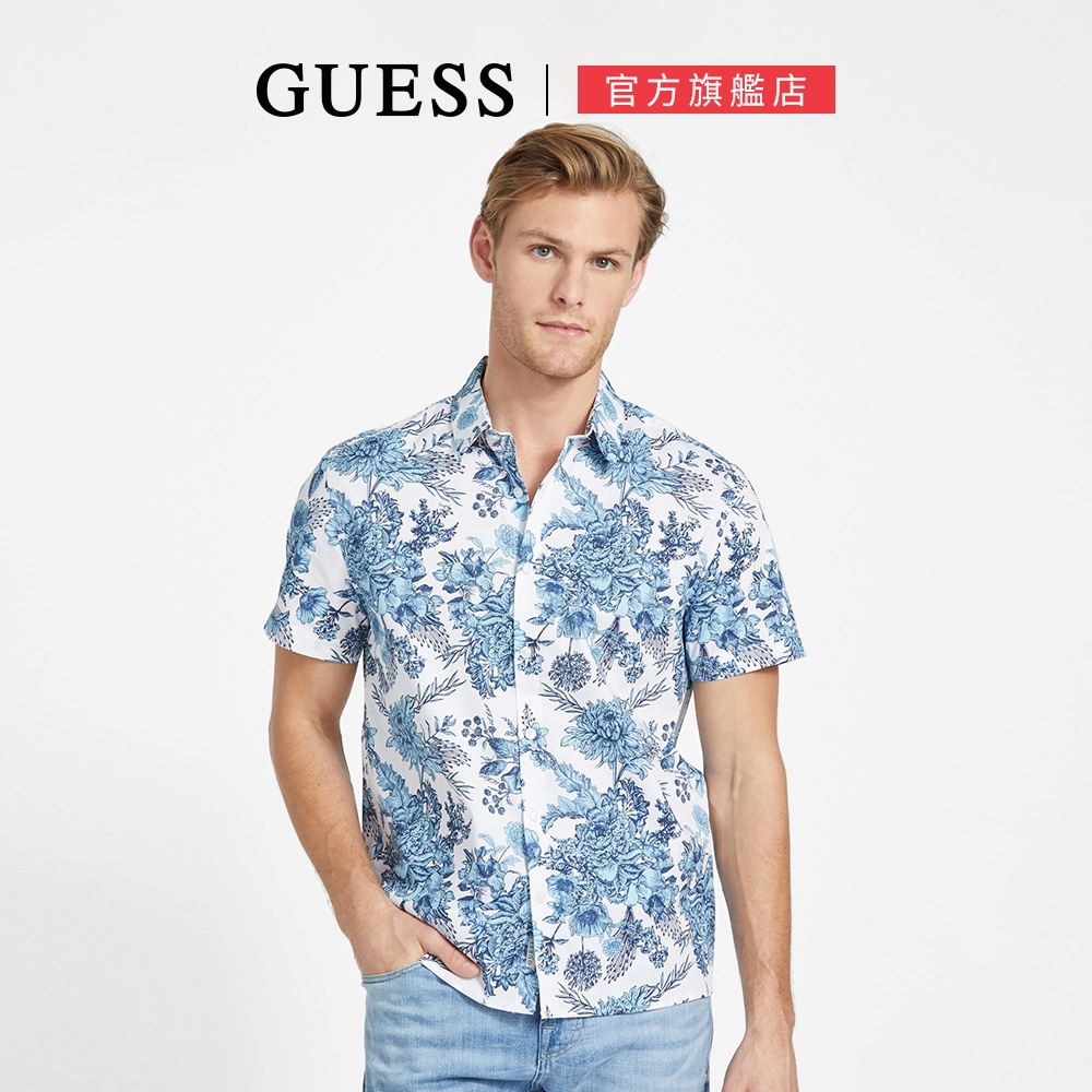 【GUESS】男裝-MILES 復古態度 新品 日式 風格 率性 花草 文青 花襯衫 藍