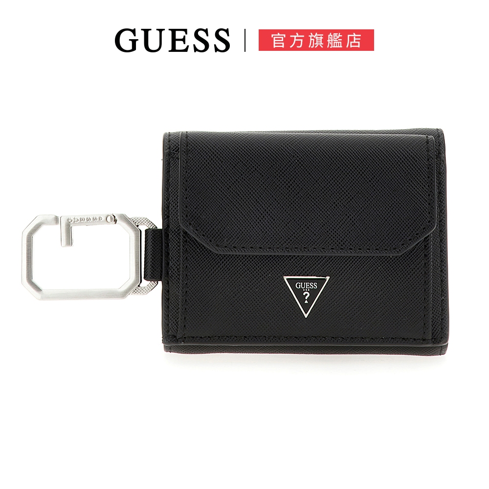 【GUESS】簡約三角LOGO三折式短夾-黑