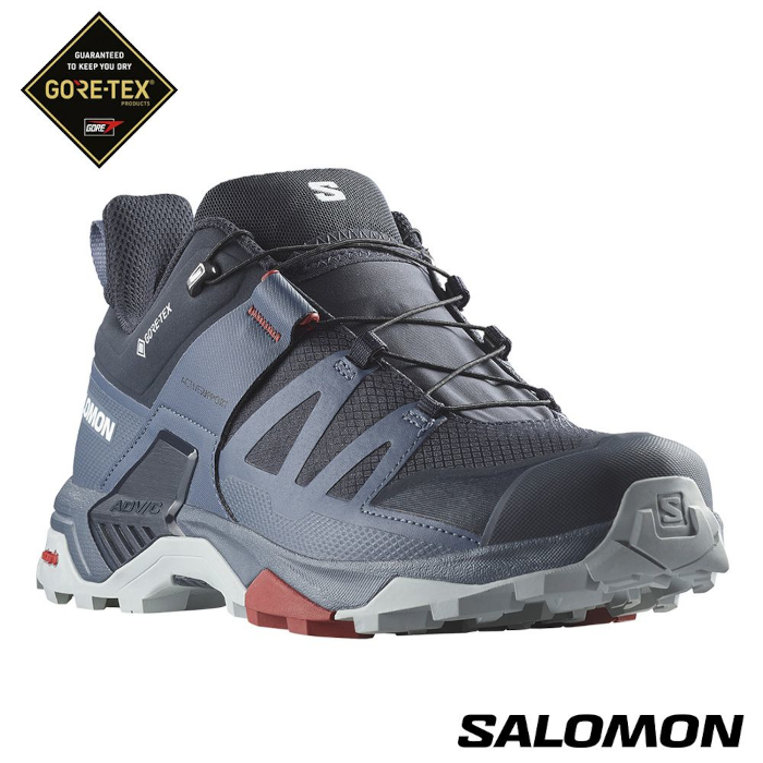 【速捷戶外】法國 Salomon 男 X ULTRA 4 Goretex 低筒登山鞋 碳黑/白令藍/珍珠藍, 防水登山鞋