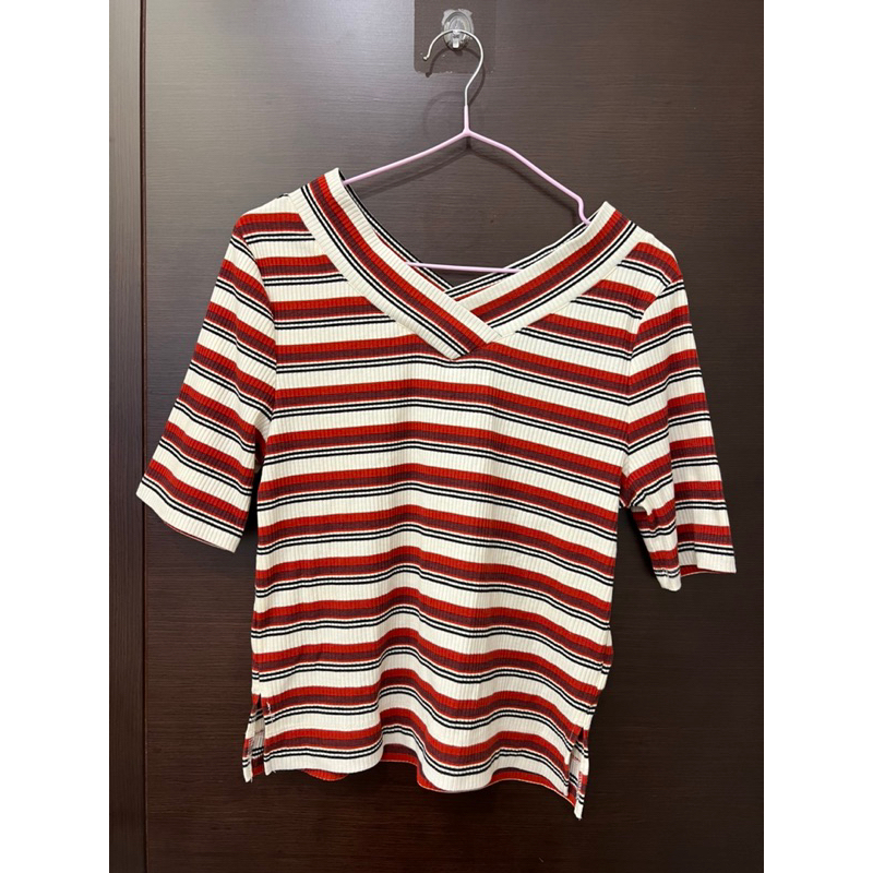 二手衣✨earthV領紅白條紋修身彈性上衣氣質休閒針織螺紋布