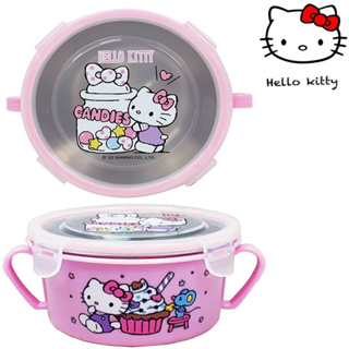 【HELLO KITTY 】不鏽鋼雙耳隔熱碗450ml x1入(粉紅)/幼兒學習隔熱餐碗