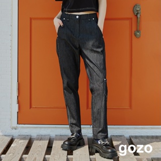 【gozo】口袋仿牛仔斜紋修身男友褲(黑色/深藍_M/L) | 女裝 修身 百搭