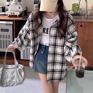 現貨 歐膩必備 百搭不敗經典款寬鬆格紋毛呢長袖襯衫上衣外套 格子襯衫