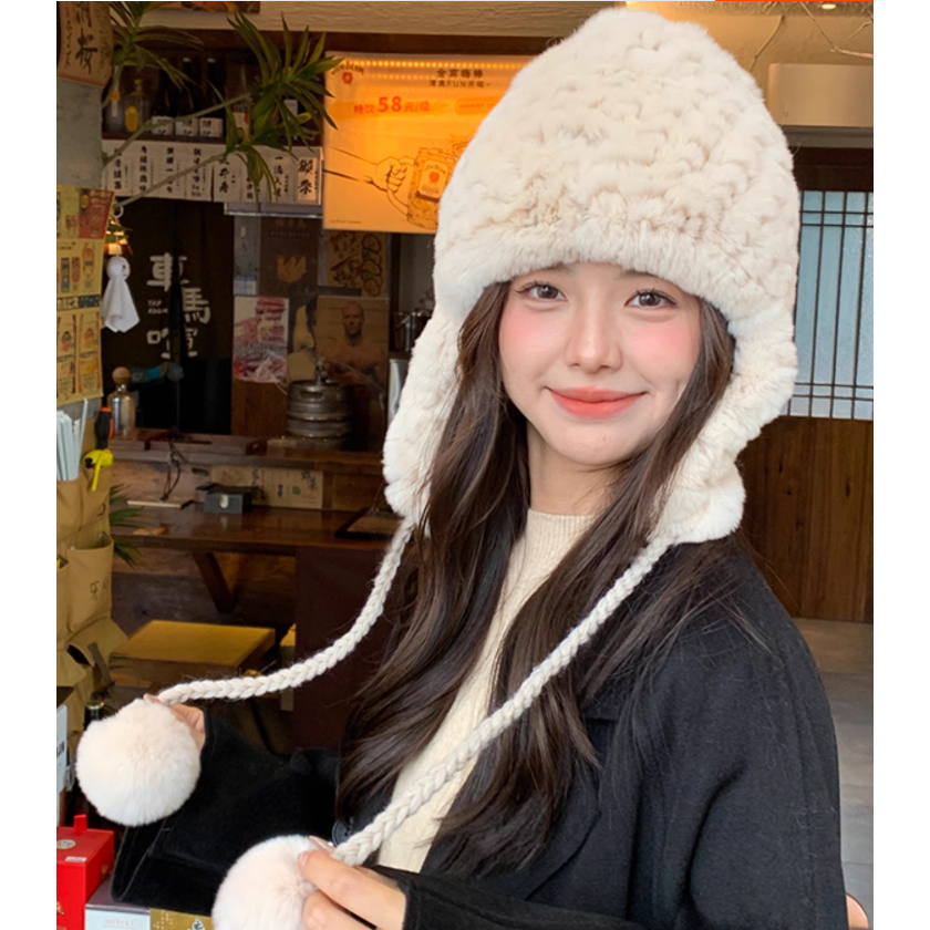 韓版獭兔毛護耳帽女可爱球球冬季保暖加密编織皮草帽子百搭雷锋帽