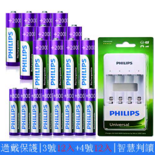 【PHILIPS】USB低自放鎳氫充電電池組(充電器+3號4號電池4入各3組)