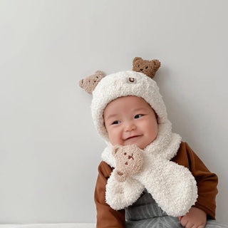 【Doris.Ann】軟紗絨熊熊帽+圍巾 嬰兒帽子 寶寶帽子 新生兒帽子 幼兒帽子 保暖帽(現貨童裝)