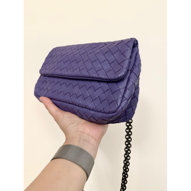 二手正品 可議價 Bottega Veneta小羊皮編織鏈帶包 紫灰色