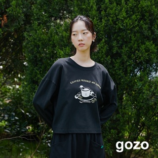 【gozo】咖啡不加糖拼布袖口短版上衣(黑色/米白_F) | 女裝 圓領 休閒